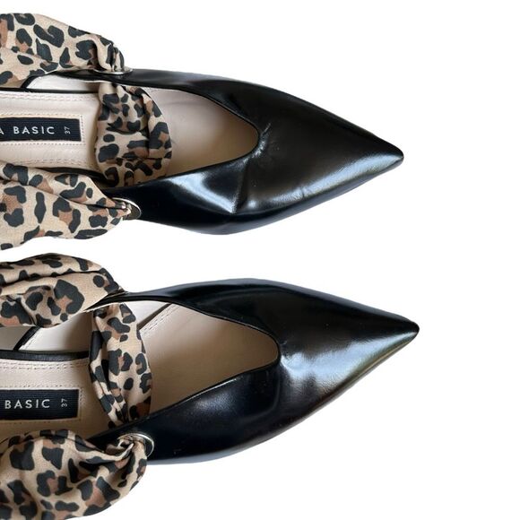 Zara Kitten Heel Pointy Slingback Leopard Scarf Black Leather Pumps Size 37 - Picture 7 of 11